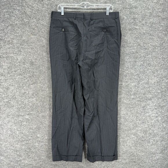 Ralph Lauren Dress Pants Men 36*30 Black Striped Mid Rise Pleated Cuffed Wool - Picture 2 of 7
